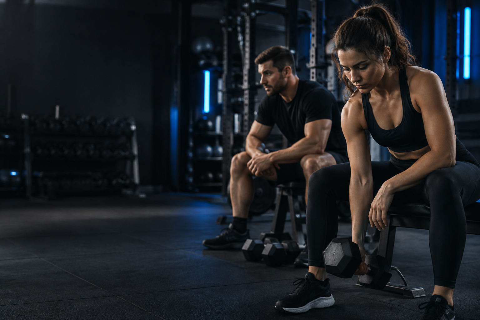 Athletes preparing for a dumbbell session in a gym